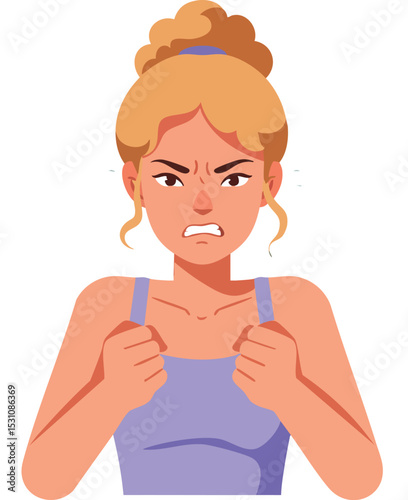 Angry woman with clenched fists and purple top expressing frustration vector illustration 