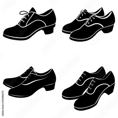 Four pairs of black tango shoes with laces and small heels arranged on a white background image