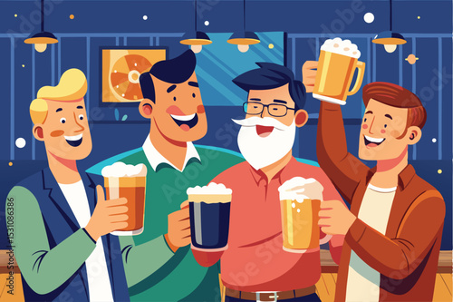 Happy New Year partygoers are smiling while holding glasses of beer and other alcoholic beverages