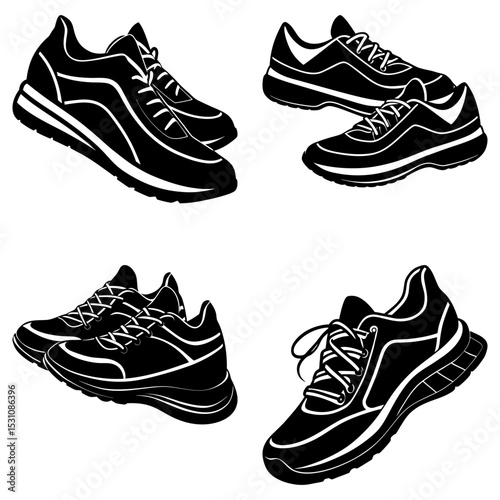 Illustration showcasing four pairs of running shoes in black and white with detailed line work design