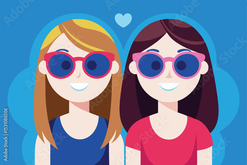Two smiling cartoon girls in blue dresses having fun in a pool