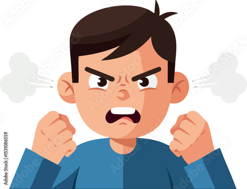 Angry boy cartoon character with clenched fists and steam from ears vector illustration 
