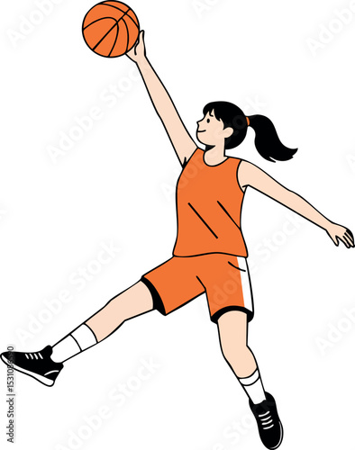 Female basketball player jumping and dunking ball in orange uniform vector illustration 