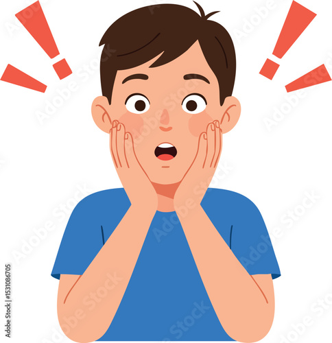 Surprised young boy with open mouth and hands on cheeks vector illustration in blue shirt 