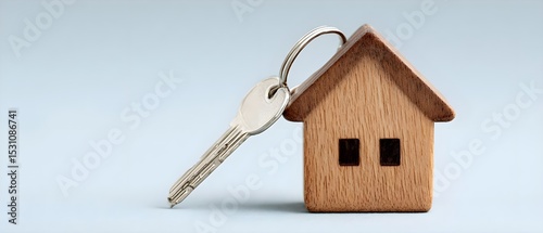 Wooden house model with key symbolizing home ownership