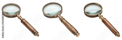 A Set for Three antique magnifying glasses isolated on transparent background