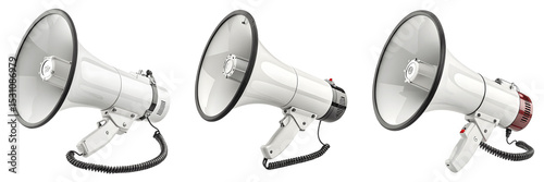 A Set for Three white megaphones isolated on transparent background
