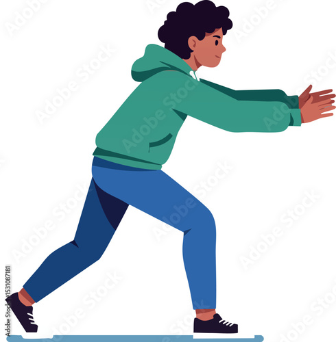 Young person in green hoodie pushing forward in dynamic action pose vector illustration 