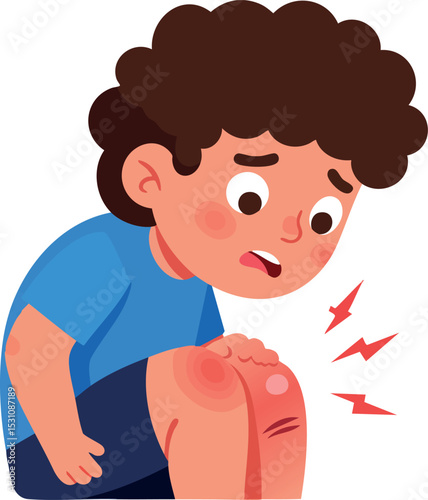 Child with injured knee showing pain and redness vector illustration 
