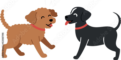 Two playful dogs with red collars facing each other in cartoon style vector illustration 