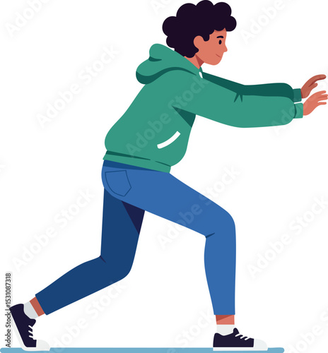 Young man stretching exercise in green hoodie and blue pants vector illustration 