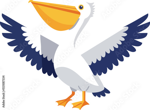 Pelican bird with yellow beak and blue wings spreading wings vector illustration 