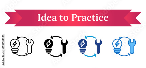 Idea to Practice Multi Style Icon - Lightbulb and wrench in a loop signify transforming ideas into technical actions during training