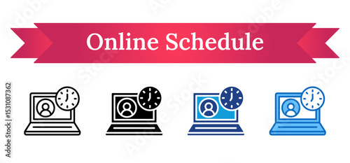 Online Schedule Multi Style Icon - Laptop with clock and trainee avatar shows online or remote training sessions with scheduled timing