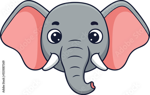 Elephant face illustration with large pink ears and tusks cute animal design vector 
