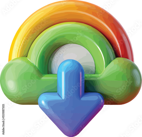 A vibrant 3D rainbow cloud icon with a downward-pointing arrow, symbolizing the download of colorful content or data.