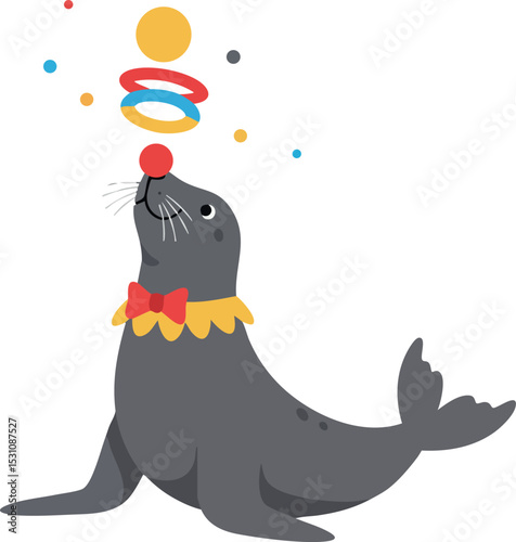 Circus Seal Balancing Colorful Rings and Balls in Playful Performance Vector Illustration 