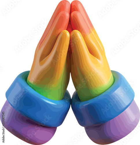 Rainbow colored 3D hands pressed together in prayer or supplication, symbolizing LGBTQ+ pride and faith