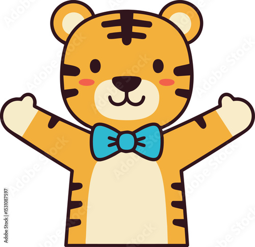 Cute tiger character with blue bow tie cartoon vector illustration for kids content 