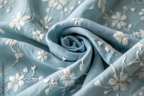 Blue fabric with white floral embroidery detail