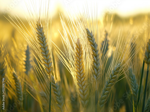 Close-up of green wheat ears in a sunny field, showcasing fresh growth, nature, and rural landscape beauty.