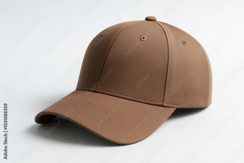 Minimal brown baseball cap mockup on clean white background for branding and advertising concept template with empty copyspace design layout. Minimal brown baseball cap mockup on clean white background for branding and advertising concept template with empty copyspace design layout.