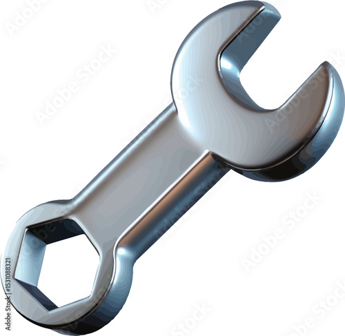 A metallic, three-dimensional wrench, angled, with a hexagonal opening at one end and a rounded open end at the other, suggesting tools and mechanics.