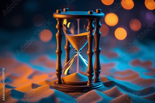 Hourglass on sand with dramatic lighting