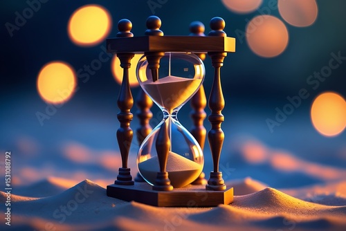 Hourglass in sand at sunset with bokeh lights