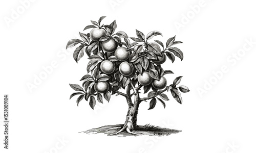 Vector illustration, peach tree artwork, orchard plants, seasonal fruits, botanical sketch, garden flora, summer fruits, hand-drawn tree, plant elements, natural harvest.