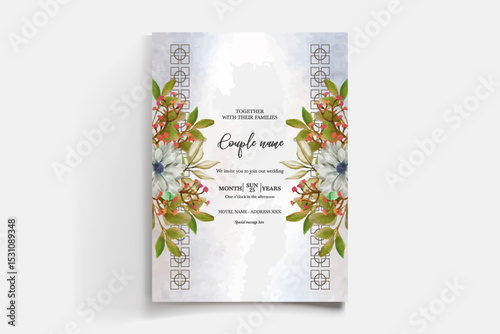 WEDDING INVITATION FRAME WITH FLOWER DECORATIONS AND FRESH LEAVES