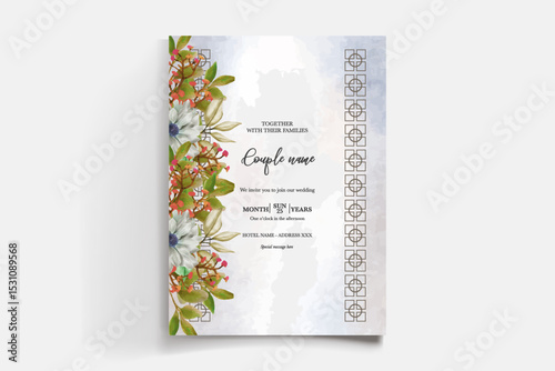 WEDDING INVITATION FRAME WITH FLOWER DECORATIONS AND FRESH LEAVES