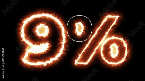 Nine percent number fire burning animation for discount