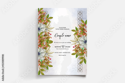 WEDDING INVITATION FRAME WITH FLOWER DECORATIONS AND FRESH LEAVES