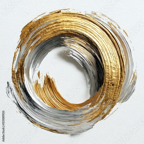 Abstract gold and silver circular brushstrokes.  A dynamic swirl of gold and silver paint creates a circular frame on a white background