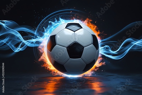 Fiery soccer ball with blue flames and smoke
