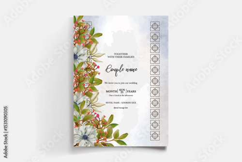 WEDDING INVITATION FRAME WITH FLOWER DECORATIONS AND FRESH LEAVES