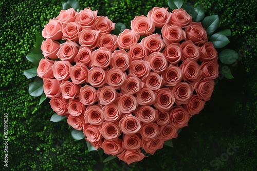 Heart shaped arrangement of peach roses on green background