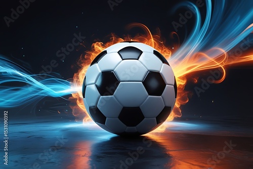 Fiery soccer ball with blue and orange flames