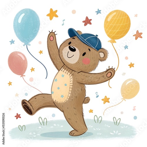 dancing teddy bear with cap joyful illustration