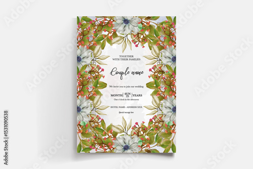 WEDDING INVITATION FRAME WITH FLOWER DECORATIONS AND FRESH LEAVES