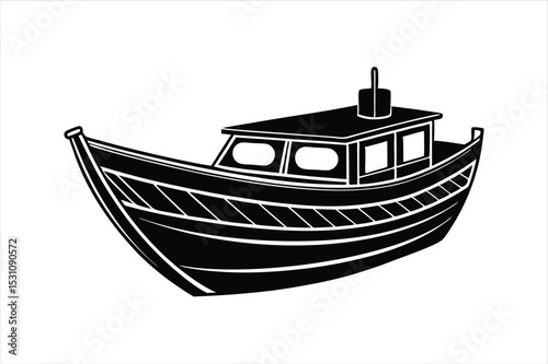 Isolated Marine Boat Silhouette Vector with Flat Black Outline on white background