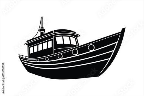 Fishing Boat Vector Silhouette in Black and White Format on white background