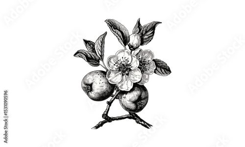Pear Flowers Vintage Engraving Vector Illustration, apple tree art, hand-drawn fruit, rustic floral design, garden botanical print, classic fruit illustration, nature artwork.