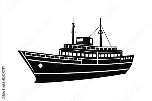Minimal Boat Vector Silhouette in Black Outline Isolated on White background