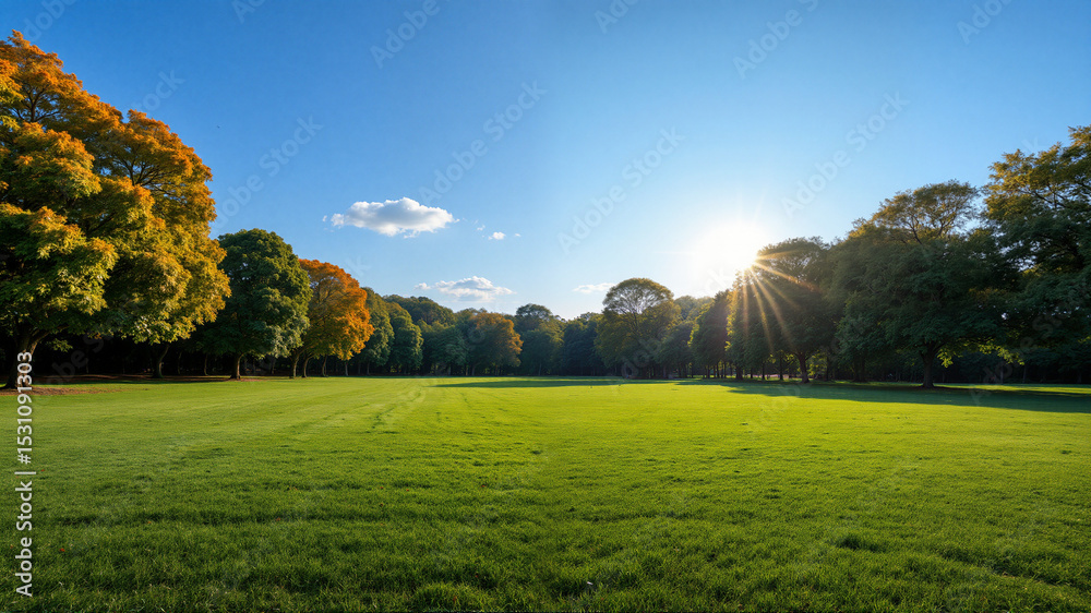 Obraz premium Green field with trees and sun rays