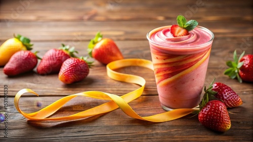 A refreshing strawberry smoothie in a glass, garnished with a fresh strawberry and mint, sits on a rustic wooden surface next to a vibrant yellow ribbon and several ripe strawberries.