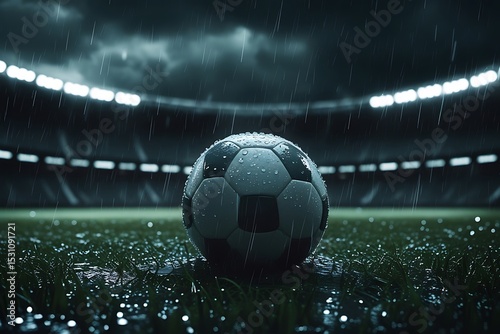 Rainy night soccer ball on wet grass field