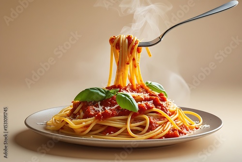 Delicious steaming spaghetti with tomato sauce and basil