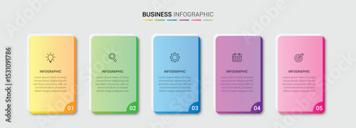 Business infographic template with 5 options, steps, process chart. Can be used for workflow layout, diagram, annual report, web design